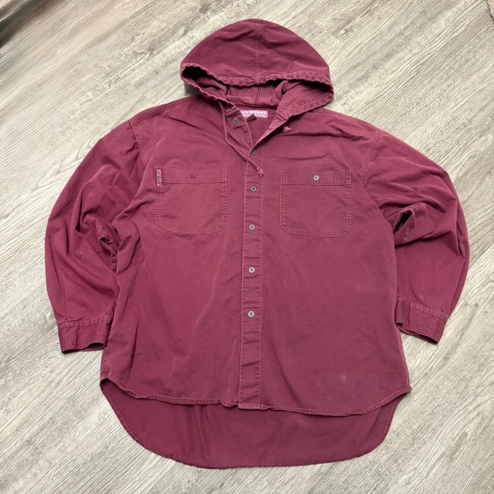 90's Unionbay Mens XL Hooded Button Down Shirt Burgundy Maroon Long Sleeve Y2K